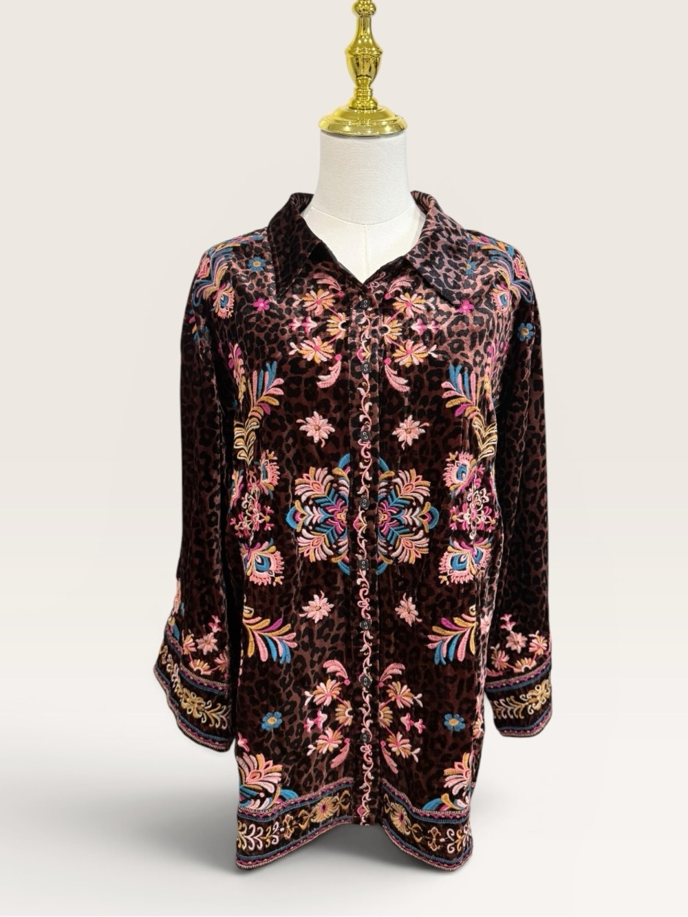 Johnny Was XXL Brandi Embroidered Kimono Sleeve Shirt Misty Leopard Velvet NWT